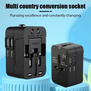 Universal International Travel Adapter with Dual USB Charging Ports – Worldwide Plug Converter Compatible with EU, US, UK & AU Outlets – Safety Shutter & Locking System
