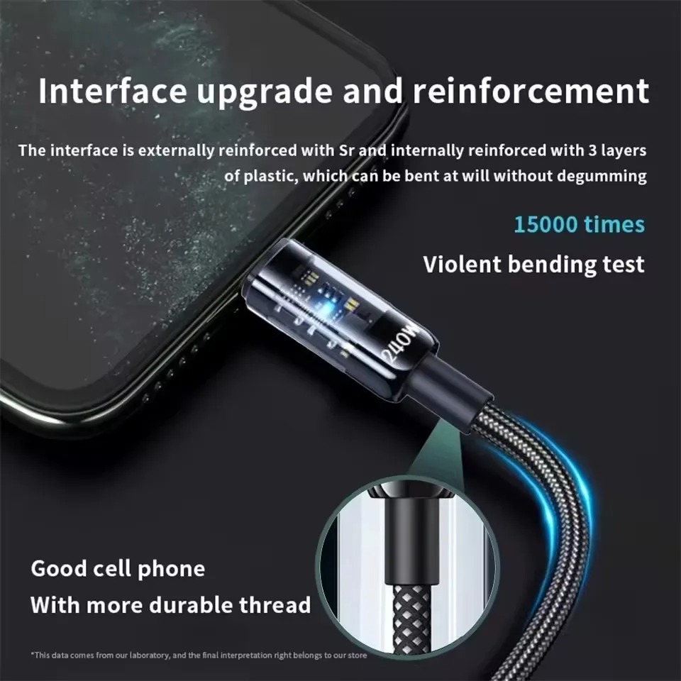 240W Nylon USB Type-C Super Fast Charging Cable with LED Digital Display - Image 2