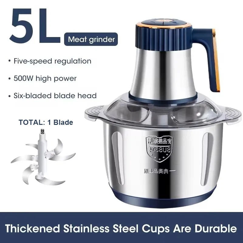 Electric Meat Grinder 5L Stainless Steel Meat Mincer Vegetables Blender, 500W Household Stuffing and Food Processor 5 Speeds - Image 4