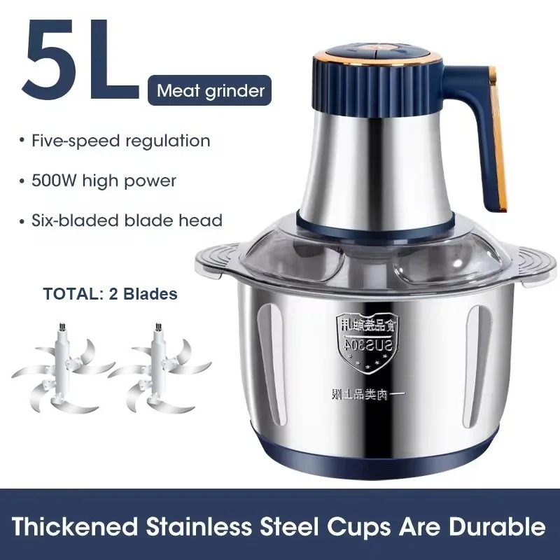 Electric Meat Grinder 5L Stainless Steel Meat Mincer Vegetables Blender, 500W Household Stuffing and Food Processor 5 Speeds - Image 2
