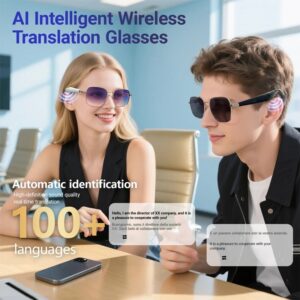 Smart AI translation glasses with audio playback, hands-free calling, camera control, and multiple colors available