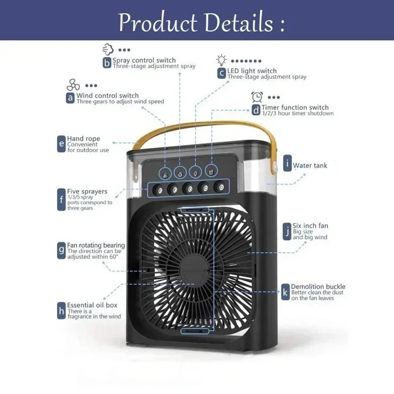 3 In 1 New Fan Air Conditioner Household Small Air Cooler LED Night Light Portable Humidifier Air Adjustment Fan Office Home Fan - Image 5
